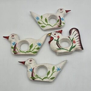 Lot Of 4 Hand Painted Artisan Folk Art Chicken Bird Wooden Napkin Ring Holder
